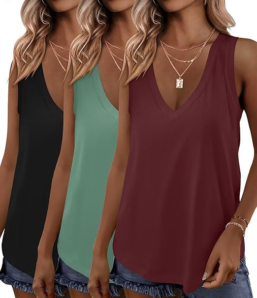 KKJ 3 Pack Womens Tank Tops Workout Summer Vacation Outfits V Neck Loose Sleeveless Blouse Casual Shirts Fall Fashion Clothes