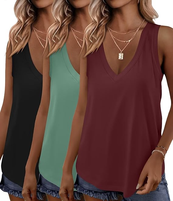 KKJ 3 Pack Womens Tank Tops Workout Summer Vacation Outfits V Neck Loose Sleeveless Blouse Casual Shirts Fall Fashion Clothes