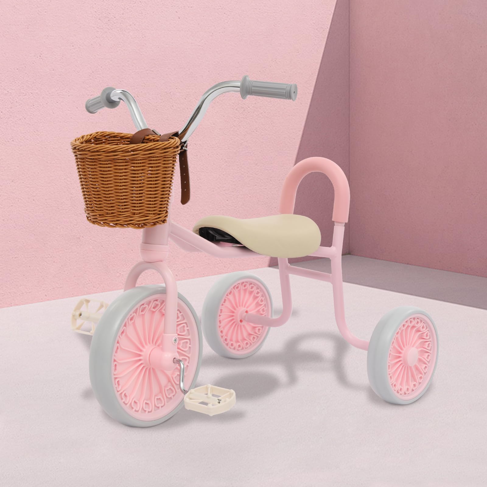 Triciclo infantil retro con aspecto de ratán, triciclo regulable en altura con barra deslizante y barra de seguridad, pedales antideslizantes, ruedas silenciosas para niños y niñas a partir de 2-6