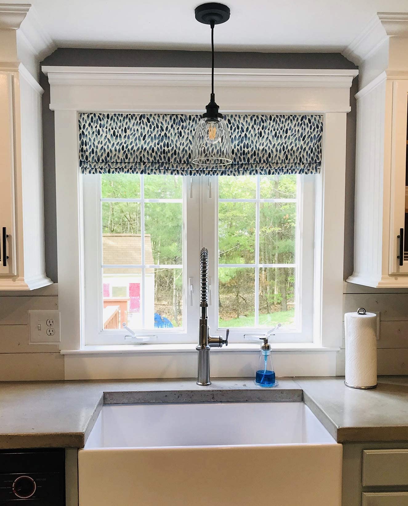Faux Roman Shade Valance Custom Made in Lotus Blue or Gray & White Print on 100% Cotton Fabric, Fully Lined