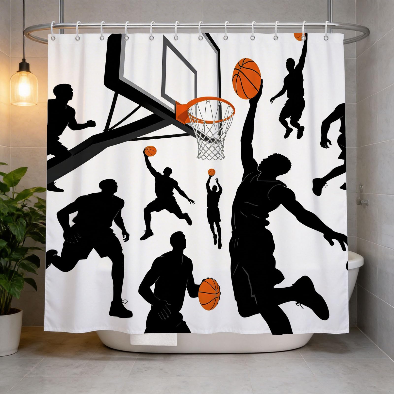 Hongduo 3D Basketball Silhouette Shower Curtain for Stalls Bathtubs Cartoon Bathroom Decor Shower Curtain Set Polyester Fabric Waterproof 180x180cm/71X71 Inch with Hooks