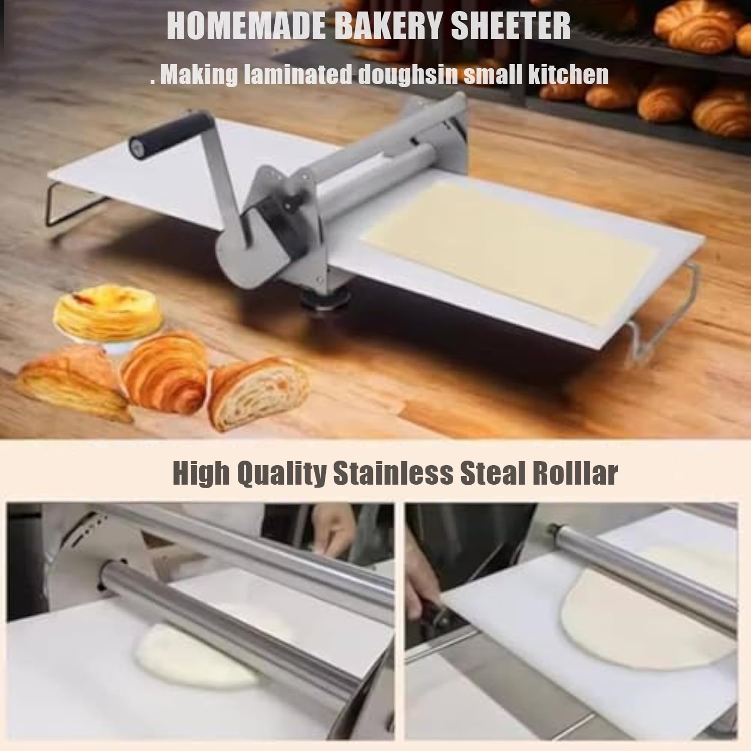 Stainless Steel Dough Sheeter Folding, Household Pizza Press, Manual Dough Rolling Machine, 0-25mm Adjustable Thickness, Easy Cleaning & Assembly, for Noodle,Pizza Bread,400type
