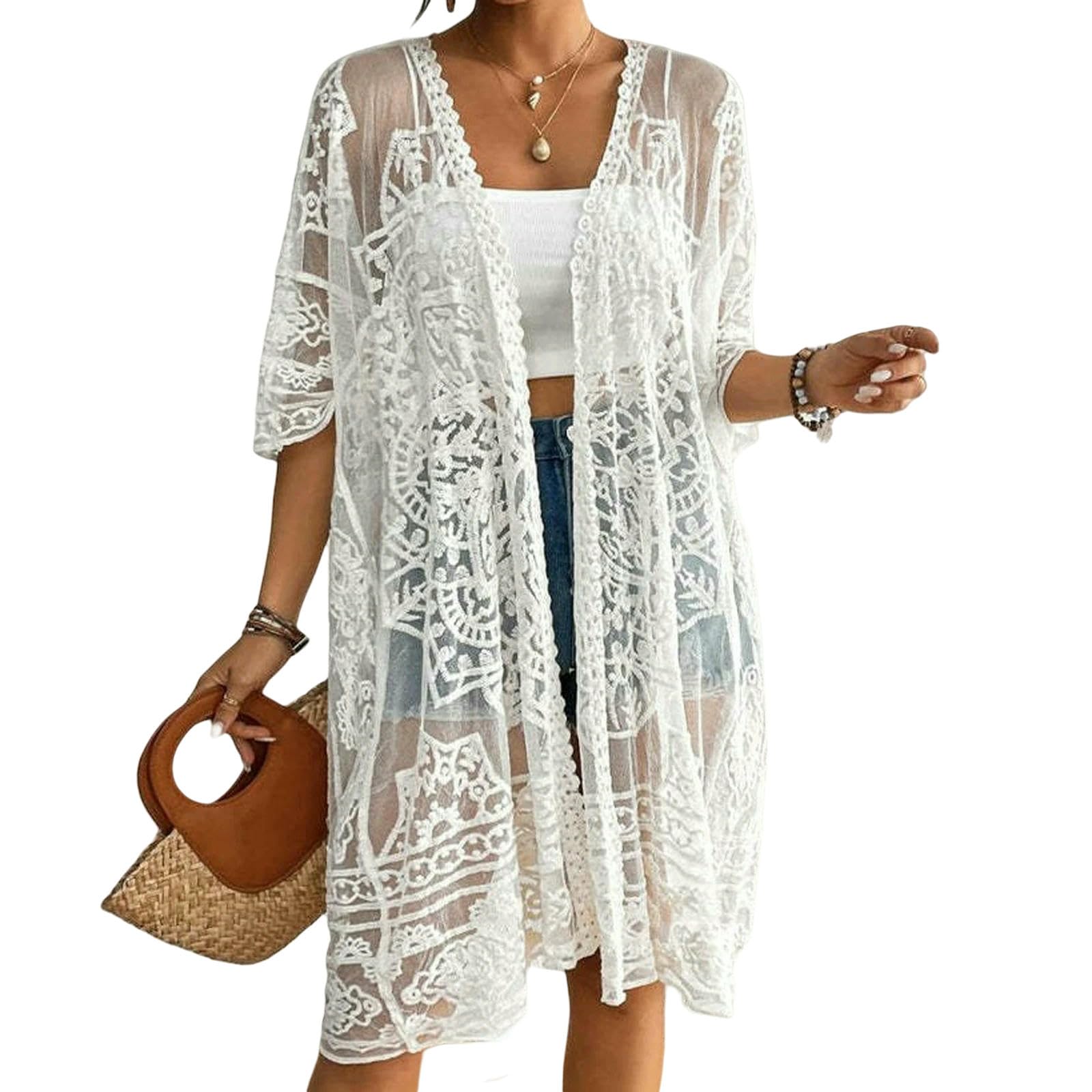 Sukienka plażowa bikini okrycie damskie koronkowe okrycie w stylu boho, sarong, spódnica 3, 4 rękawy, otwarty przód, szydełkowane, kimono, kardigan, różowy, jeden rozmiar