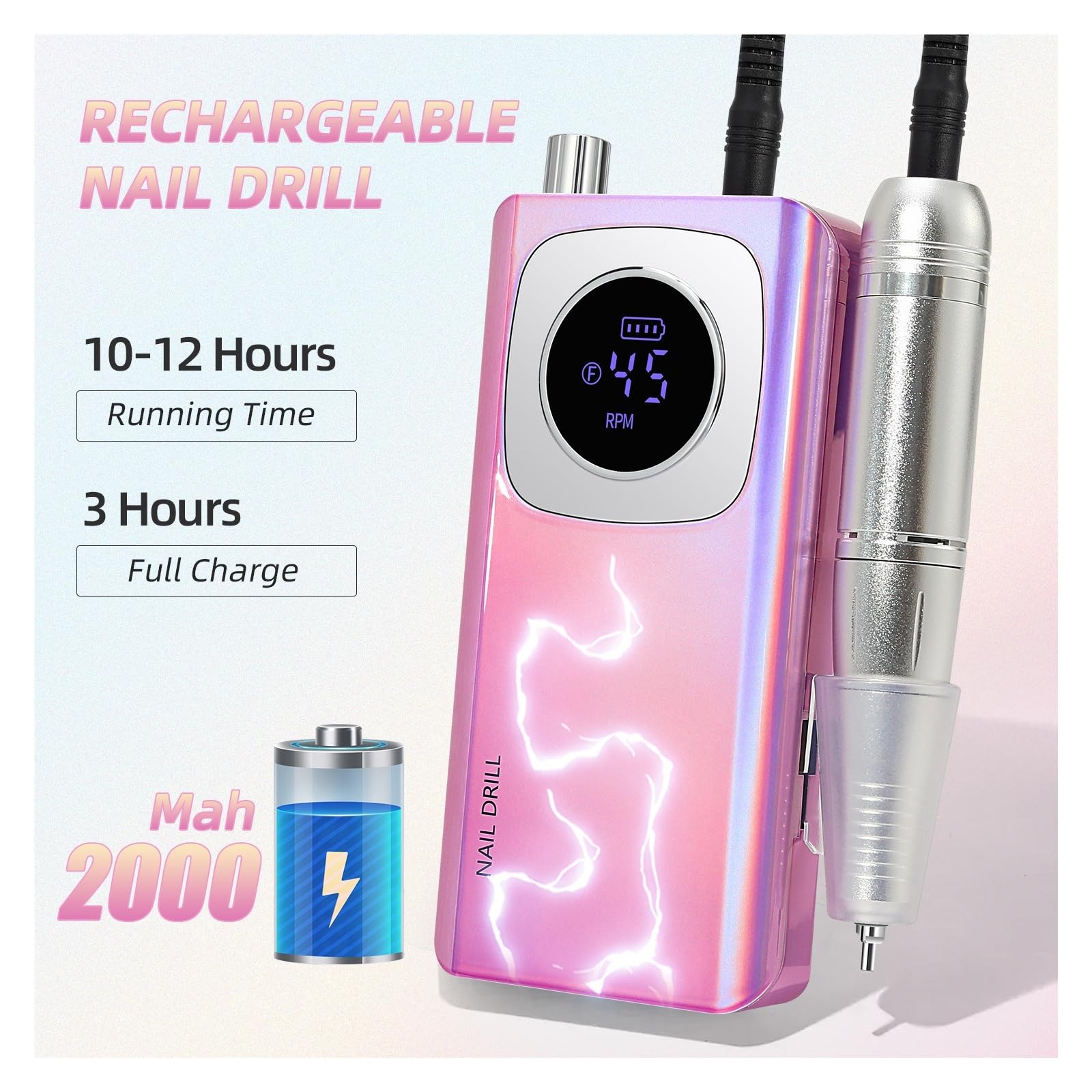 Trapano per unghie, Trapano for unghie elettrico da 45000 giri/min, levigatrice for ricaricabile(Purple)