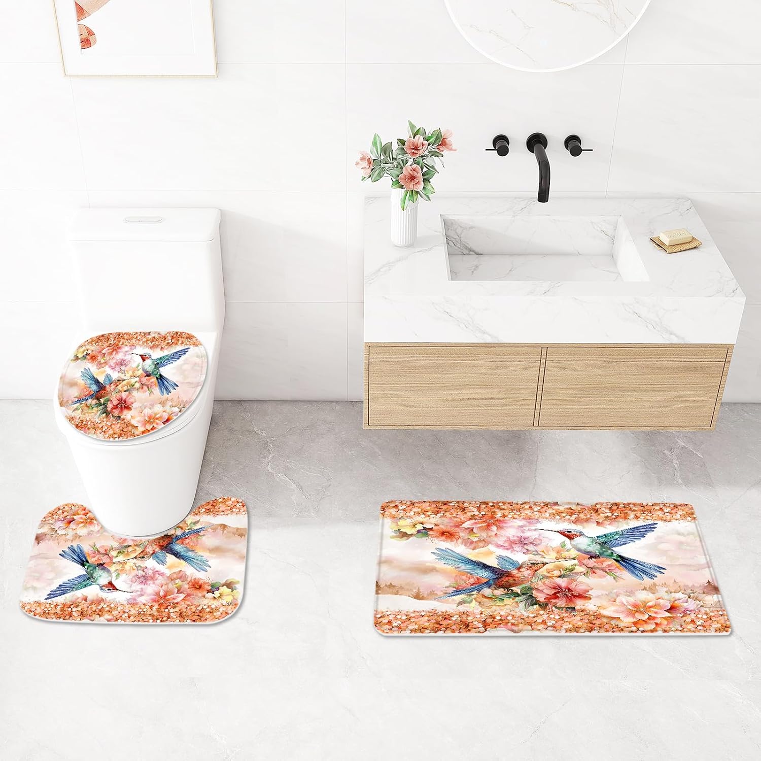 Litabel 4 Pcs Orange Hummingbird Flower Shower Curtain Sets with Rugs for Bathroom Decor, Rustic Floral Bathroom Sets with Shower Curtain and Rugs, Bathroom Curtain Set with Mats (Hooks Not Included)