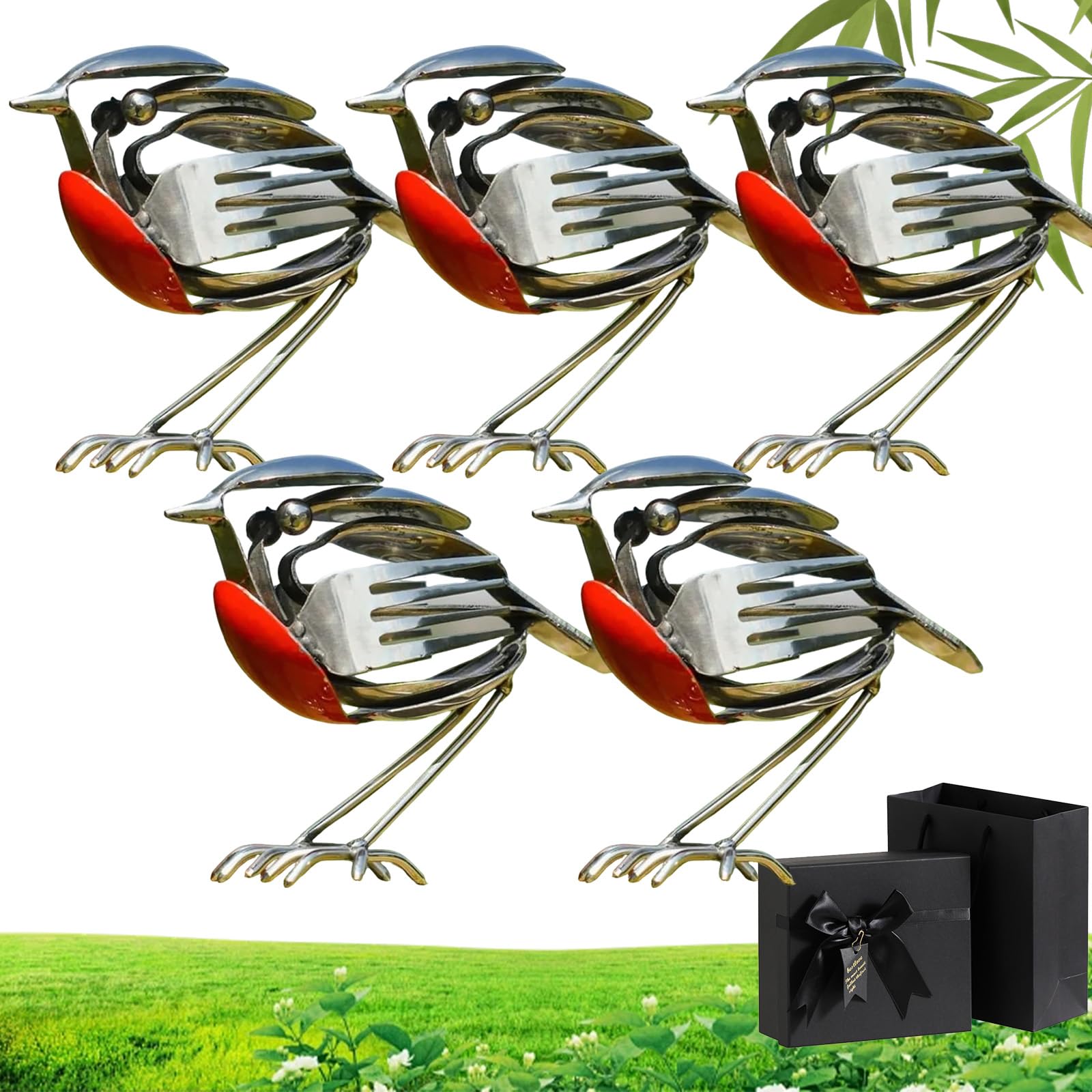 Qosneoun Robin Metal Bird Sculpture, Hope Wings Metal Robin, Garden Ornament, Handcrafted Steel Cutlery Art Statue, Unique Decorative Ornament for Garden, Patio or Office Desk (5 PCS)