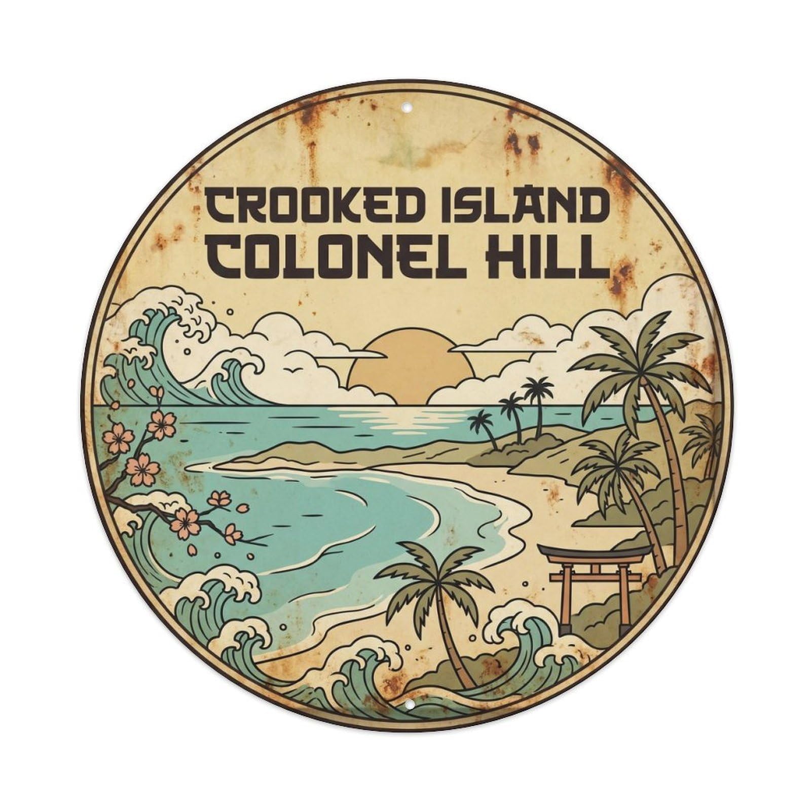 Olyhtr 8X8inch Classic Style Crooked Island Colonel Hill Beach Destination Woodblock Metal Tin Sign