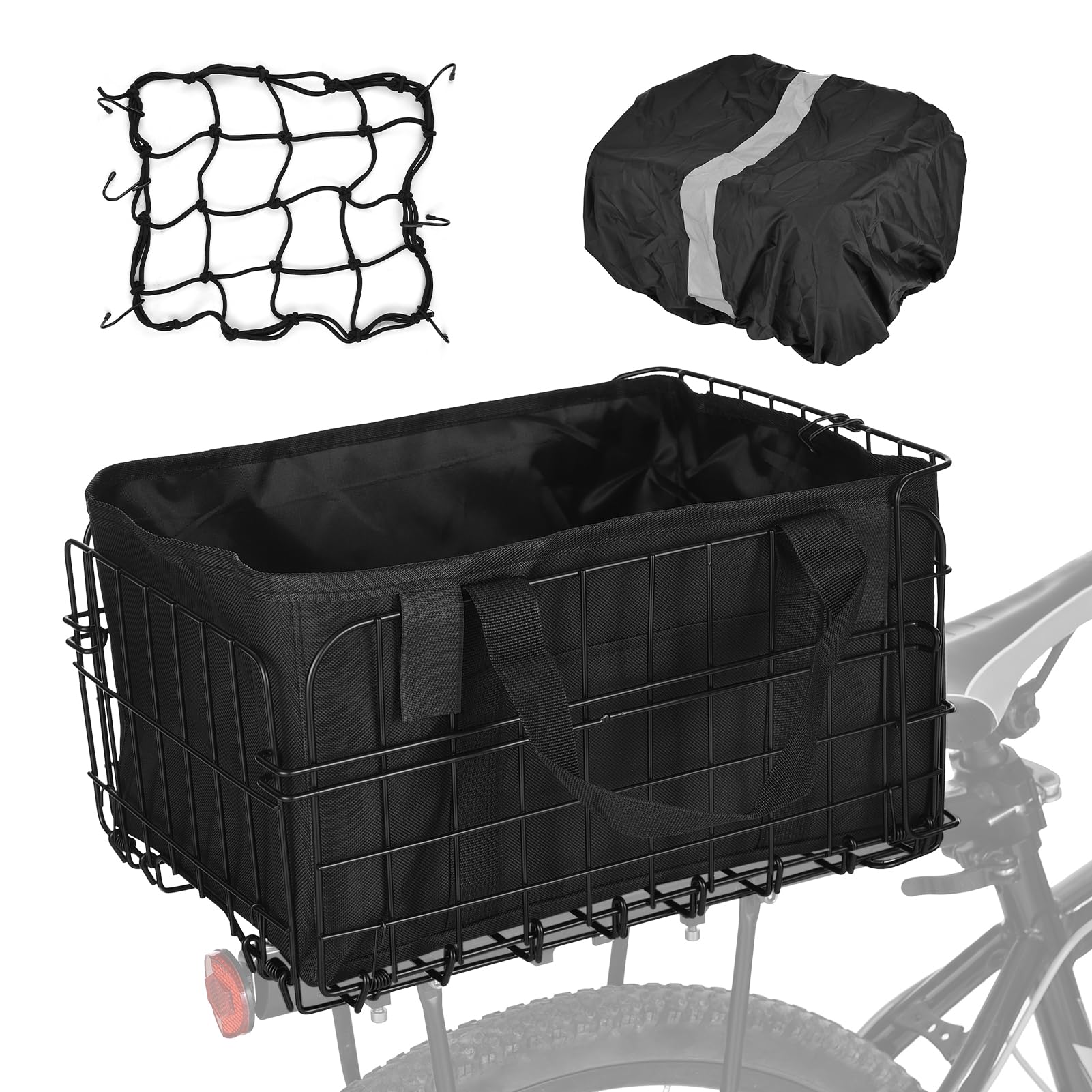 Cesta de Bicicleta Trasera Plegable Aomiun 60L con Bolsa de Revestimiento Extraíble Cubierta de Lluvia Bolso Red para Llevar Perros Mascotas Frutas Supermercado