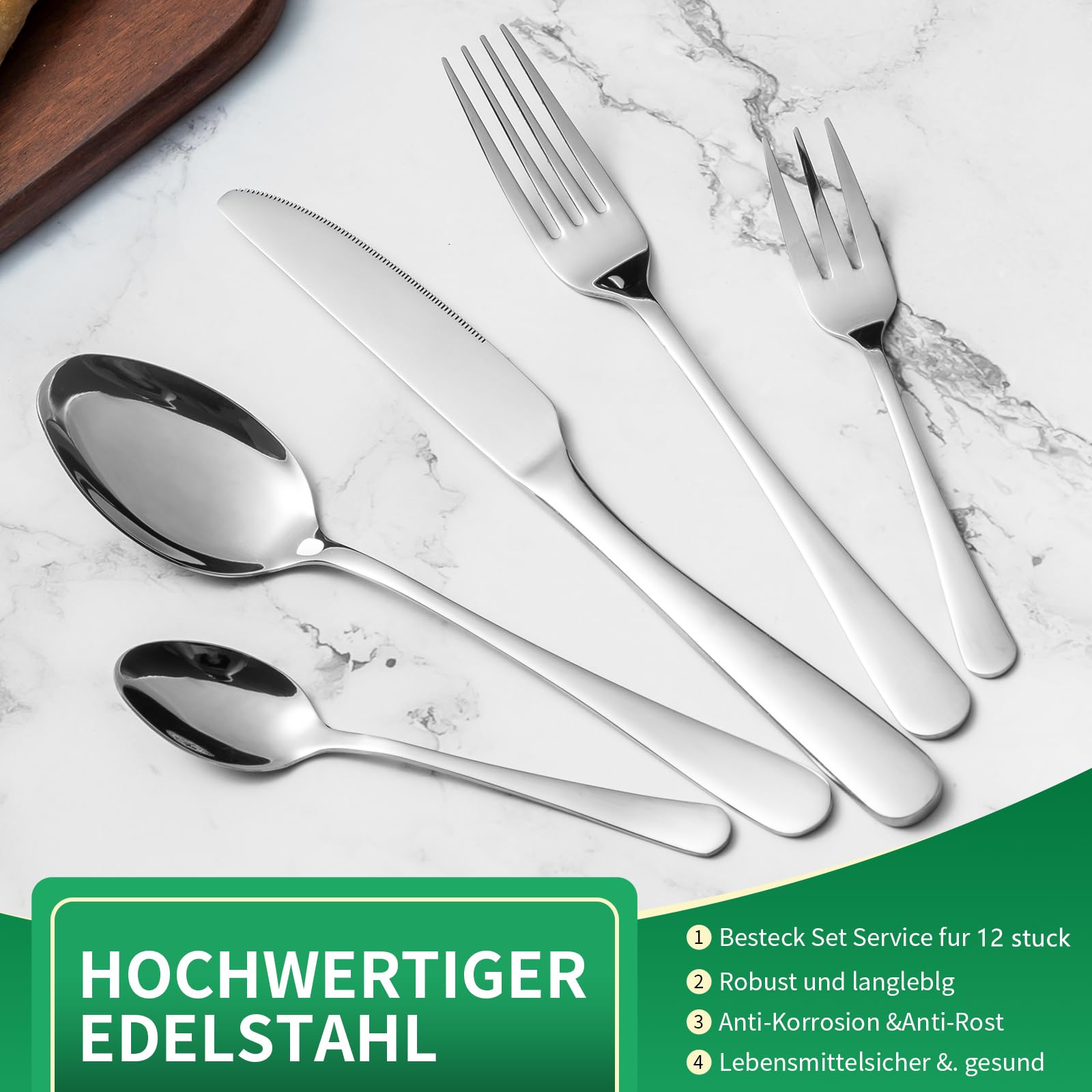 Besteck Set, Edelstahl Spiegelpoliert 60 teilig Besteckset für 12 Personen, Essbesteck Set mit Messer Gabel Löffel für Familie/Party/Hotel/Restaurant, Silber Tafelbesteck, Spülmaschinenfest