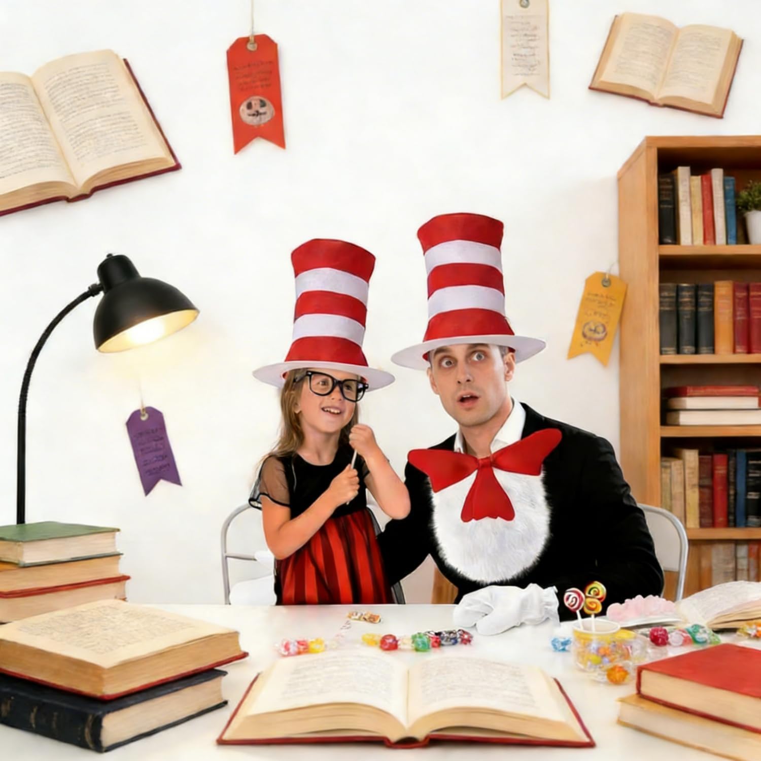 5 Pcs Cat Hat Costume Accessories Adult,Red White Striped Hats/Red Bow/Furry/Gloves/Tail,Book Day Dress Up - Image 6