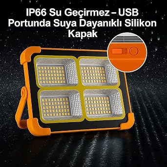200W Güneş Enerjili Portatif Solar LED Projektör | IP66 Su Geçirmez, 4 Işık Modu, 2200 Lümen, Taşınabilir Şarjlı Lamba | Kamp, Bahçe, Sokak Aydınlatması K2LED [Enerji Sınıfı E]