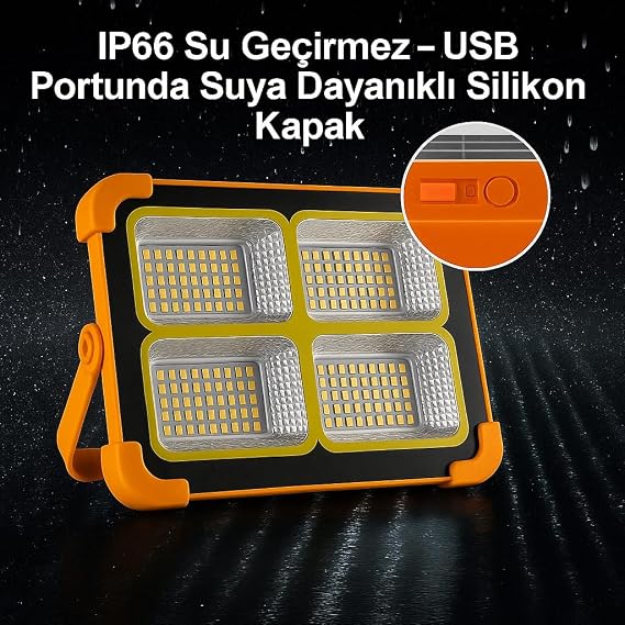 200W Güneş Enerjili Portatif Solar LED Projektör | IP66 Su Geçirmez, 4 Işık Modu, 2200 Lümen, Taşınabilir Şarjlı Lamba | Kamp, Bahçe, Sokak Aydınlatması K2LED [Enerji Sınıfı E]