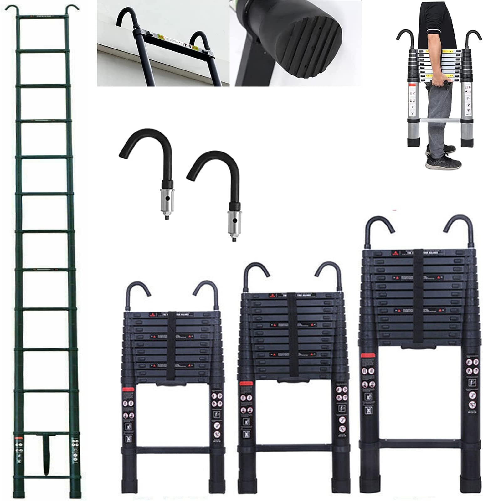 5M Telescopic Aluminium Ladder - 16.5FT Black Folding Telescoping Ladder with Hooks, 330lb Capacity, EN131