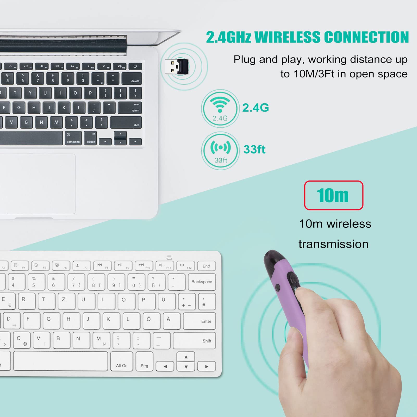 Asixxsix Ratón de Bolsillo óptico Inalámbrico, Bluetooth 2.4G Inalámbrico 2 en 1 Ratón de Lápiz Digital Recargable Luminoso Retroiluminado Ratón Ergonómico Silencioso para PC Computadora(Púrpura)