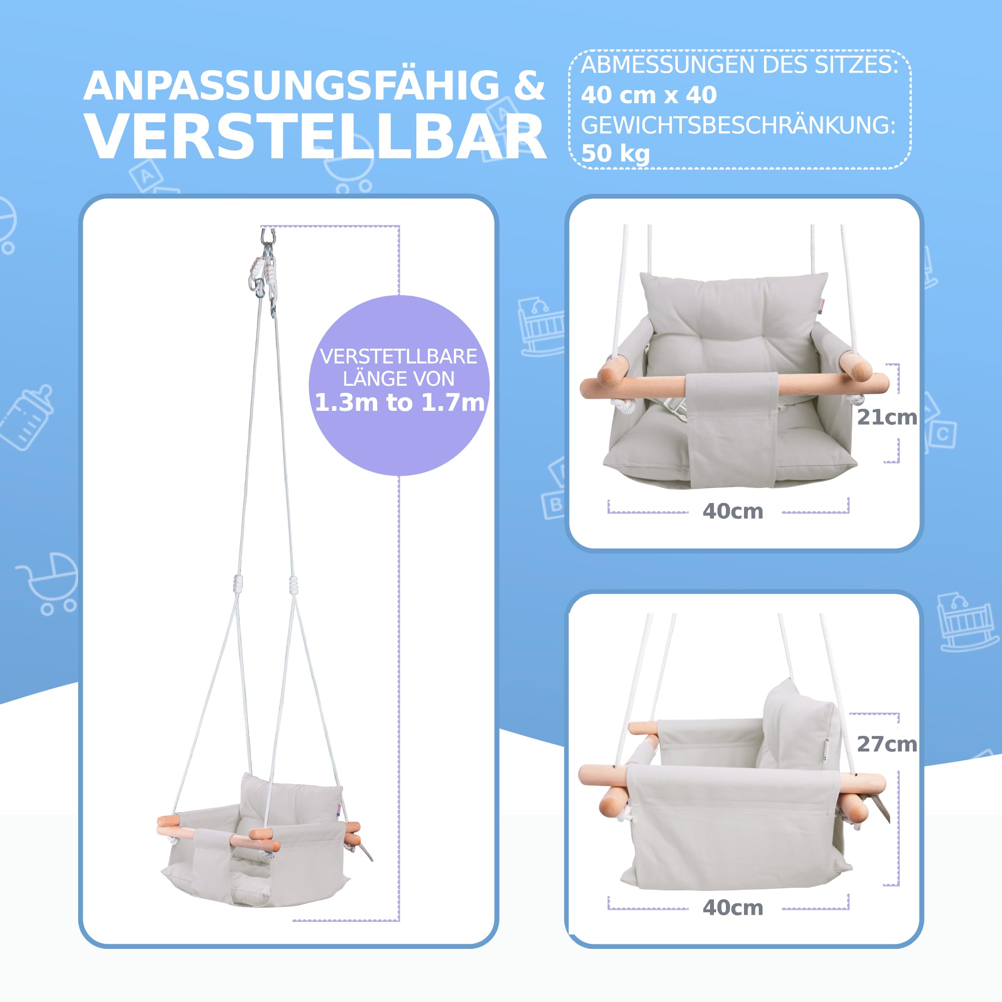 Cateam Babyschaukel Holz, Hängeschaukel mit 5-Punkt-Sicherheitsgurt, Indoor Outdoor, Kinderschaukel ab 12 Monate, Grau