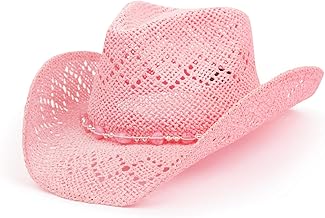 TOVOSO Straw Cowboy Hat for Women with Beaded Trim and Shapeable Brim
