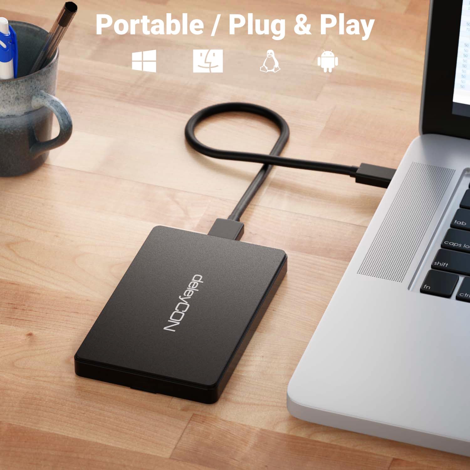 deleyCON Obudowa SSD USB C (5Gbps USB 3.1) do Dysków SATA 3 2,5" SSD / HDD / 7 mm do 9,5 mm SATA III Obudowa Zewnętrzna UASP [Czarna]