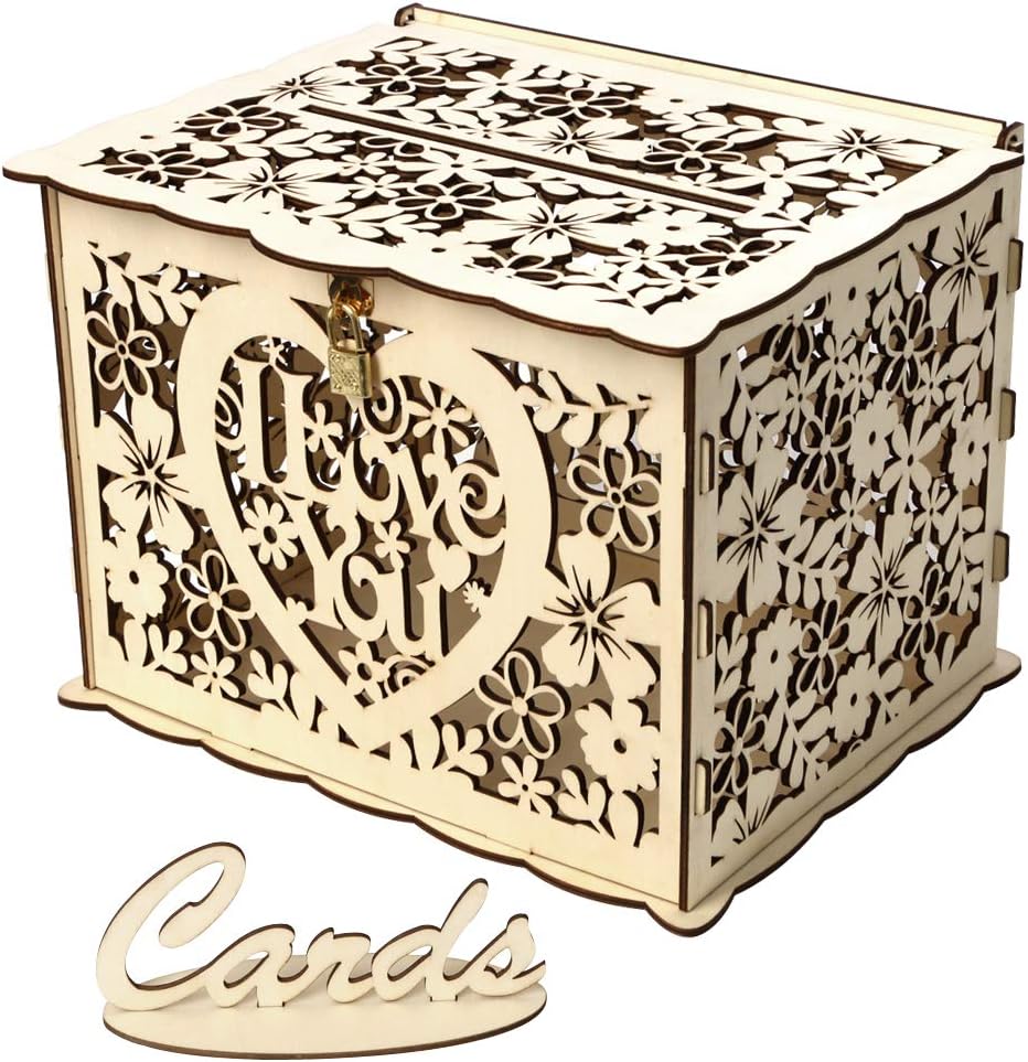 Alnicov Wooden Wedding Card Box,Money Box with Lock Slot,DIY Wooden Money Box for Wedding Reception Anniversary Birthday Party Graduation Party Decoration(I Love You-Small Size)