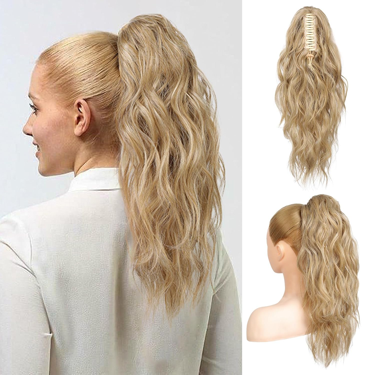 Flufymooz Ponytail Extension, 18Inch Claw Clip Ponytail Extension, Wavy Curly Claw Clip in Ponytail Hair Extensions, Natural Fake Ponytail Synthetic Hairpiece for Women (Golden Blonde with Highlight) 18 Inch Golden Blonde with Highlight