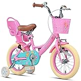 Glerc Maggie Girls Bike, 12-20 Inch Kids Bike for 2-13 Years Old Children, Princess Style Kids Bicycle with Doll-Seat & Basket & Training Wheels, Multiple Colors Pink 14 Inch With Training Wheels