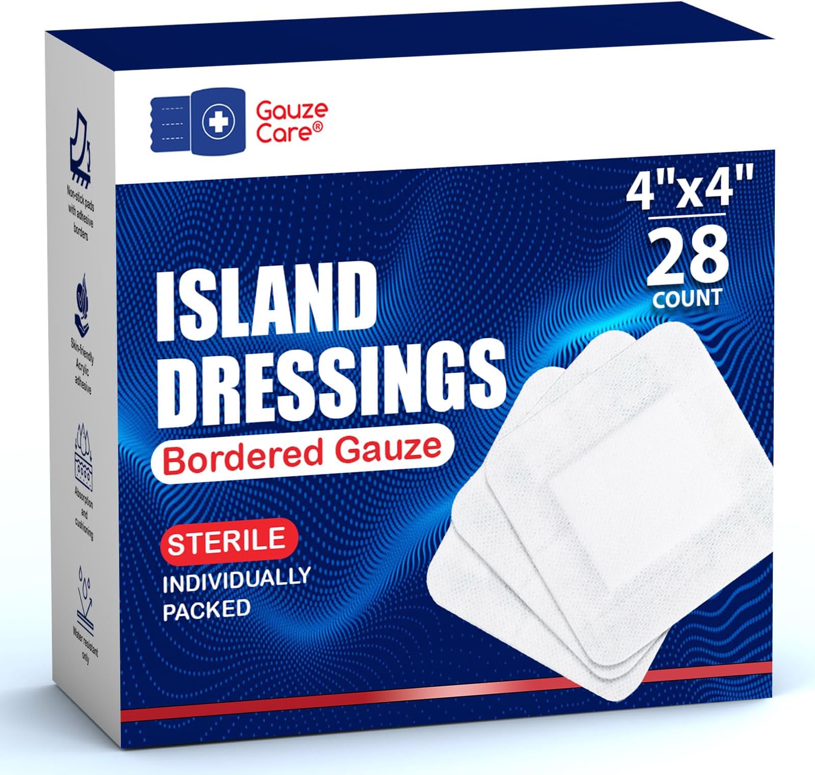 GauzeCare Island Dressing 4x4 inch 28 Pcs| Individually Packed Sterile Pouches| 2x2 Non-Stick Pad in Center with Acrylic Adhesive Borders| Water-Resistant Adhesive Pads for Wound Care and Dressing