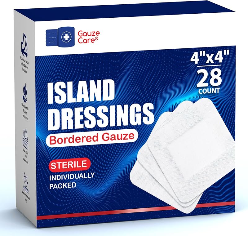GauzeCare Island Dressing 4x4 inch 28 Pcs| Individually Packed Sterile Pouches| 2x2 Non-Stick Pad in Center with Acrylic Adhesive Borders| Water-Resistant Adhesive Pads for Wound Care and Dressing