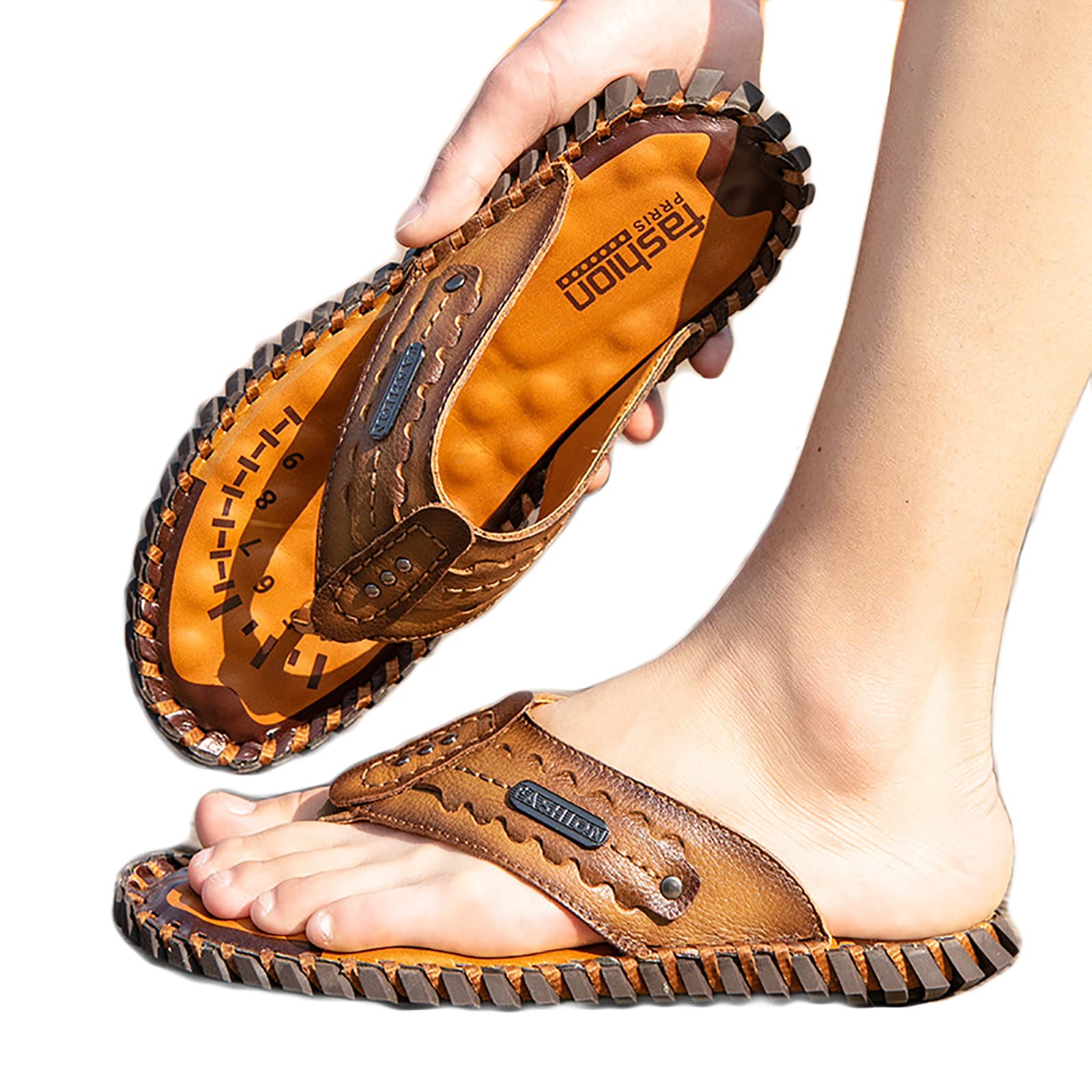Songyi Chanclas Hombre Cuero Flip Flops Verano Antideslizante Piscina Playa Sandalias(Size:44 EU,Color:Marrón Claro)