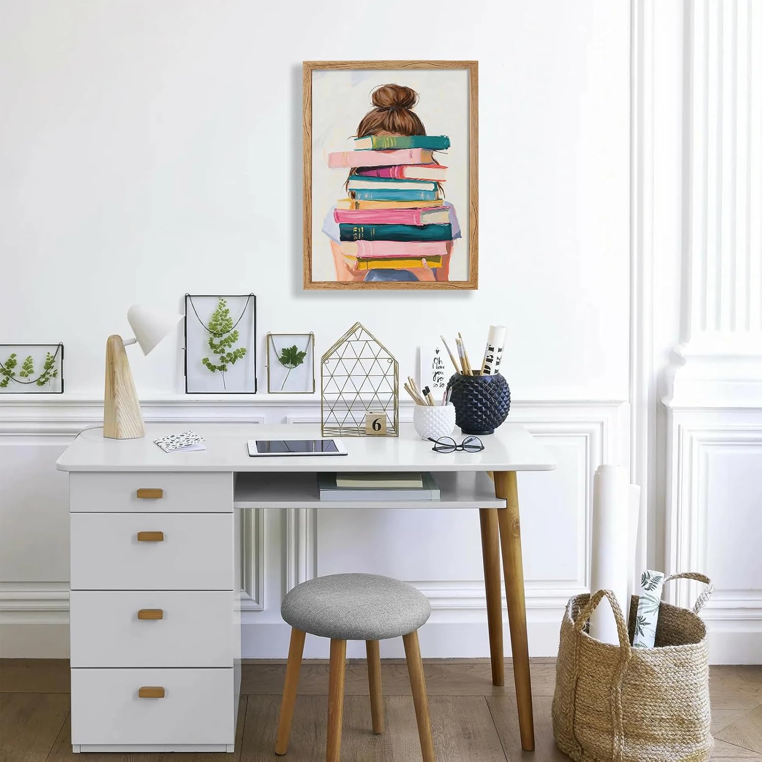 Book Framed Wall Art Brunette Girl With Stack of Books Posters Book Lover Prints 12x16in Ready to hang Whimsical Reading Nook Library Artwork Painting For Home Library Study Dorm Wall Decor