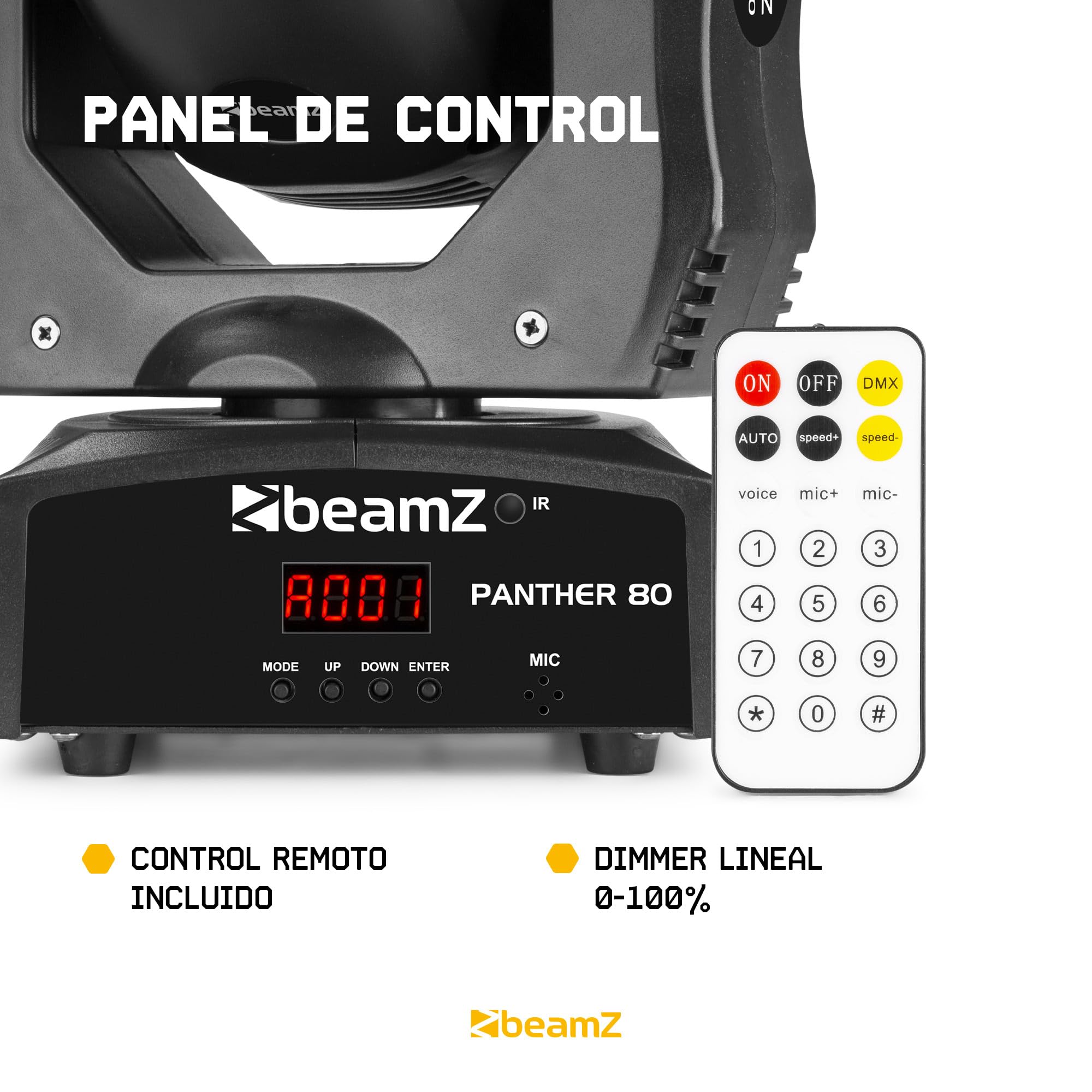 BeamZ Panther 80 Cabeza Móvil con 6 Lentes Rotativas, 12W Led CREE RGBW, DMX, Función Master/Esclavo, Shows Preset, Foco Luz Movil Activo al Ritmo de la Música