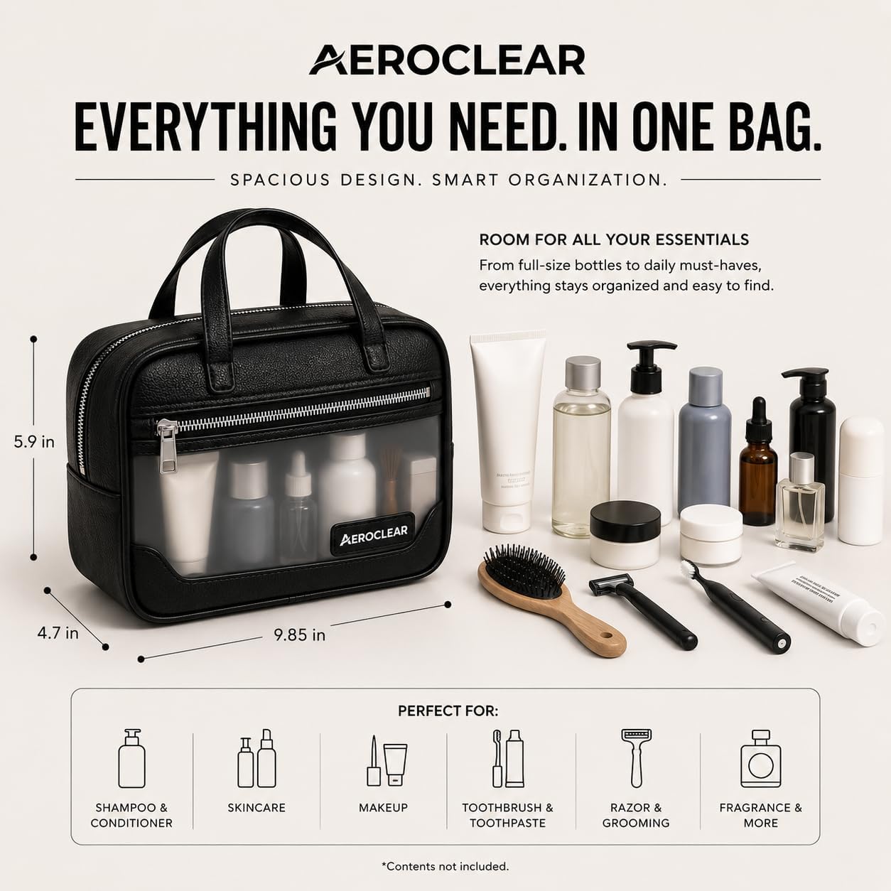 Clear Toiletry Bag - TSA Approved, Waterproof Organizer | Rigid structure, clear visibility, 3-compartment organization, sleek black finish