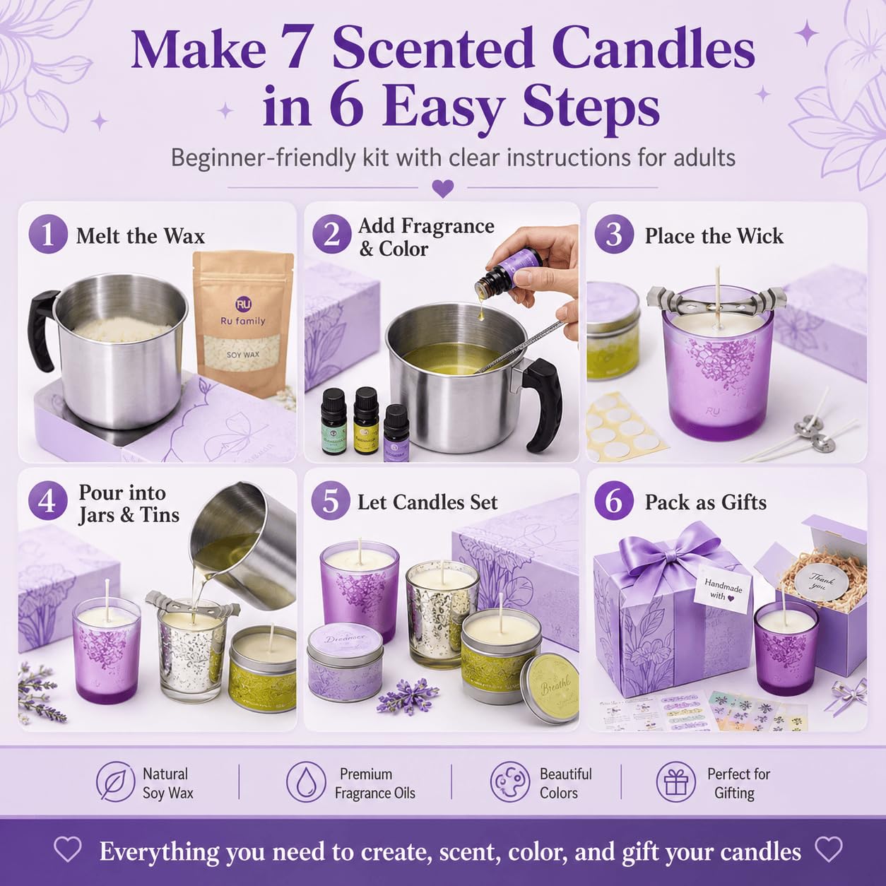 RU HANDMADE Kit de fabricación de velas de soja, juego completo, cera de soja, tarros y latas grandes de 7 onzas, 7 aromas agradables, tintes de color y más, perfecto como decoración del hogar, kit de