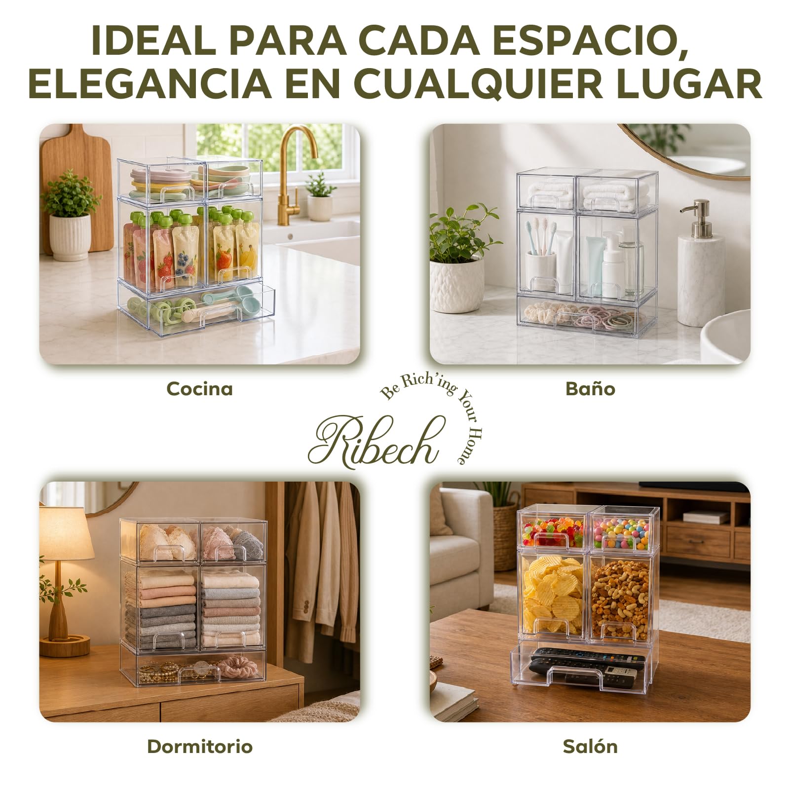 Juego de 5 Cajones de Almacenamiento de Acrílico Transparente | Apilable, con manija, fácil de instalar, para armarios de cocina y baño, cómodas, biberones y Cosméticos