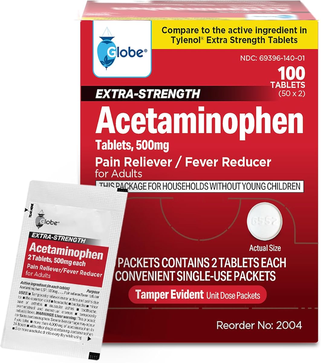 Globe Extra Strength Acetaminophen Tablets 500 mg, Pain Reliever and Fever Reducer, Gentle on Stomach, for Arthritis Pain, Backache Pain and More, 50 Packets of 2 Tablets Each, 100 Count