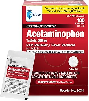 Globe Extra Strength Acetaminophen Tablets 500 mg, Pain Reliever and Fever Reducer, Gentle on Stomach, for Arthritis Pain, Backache Pain and More, 50 Packets of 2 Tablets Each, 100 Count