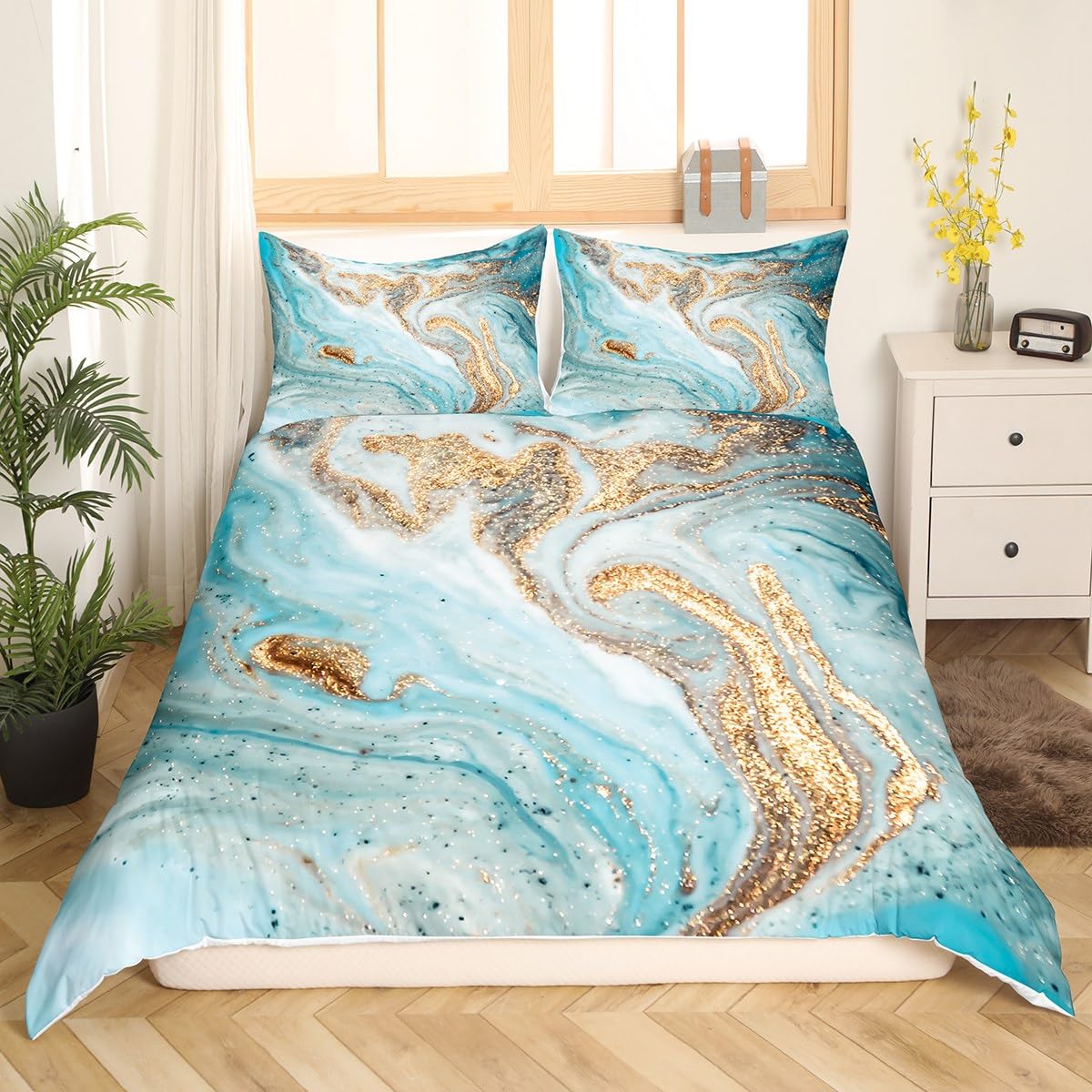 Marbling Duvet Cover Set Double Mint Gold Glitter Turquoise Comforter Cover Chic Girly Marble Bedding Set 3pcs for Kids Girls Room Decor Abstract Stone Texture Bedspread with 2 Pillowcases - Image 3