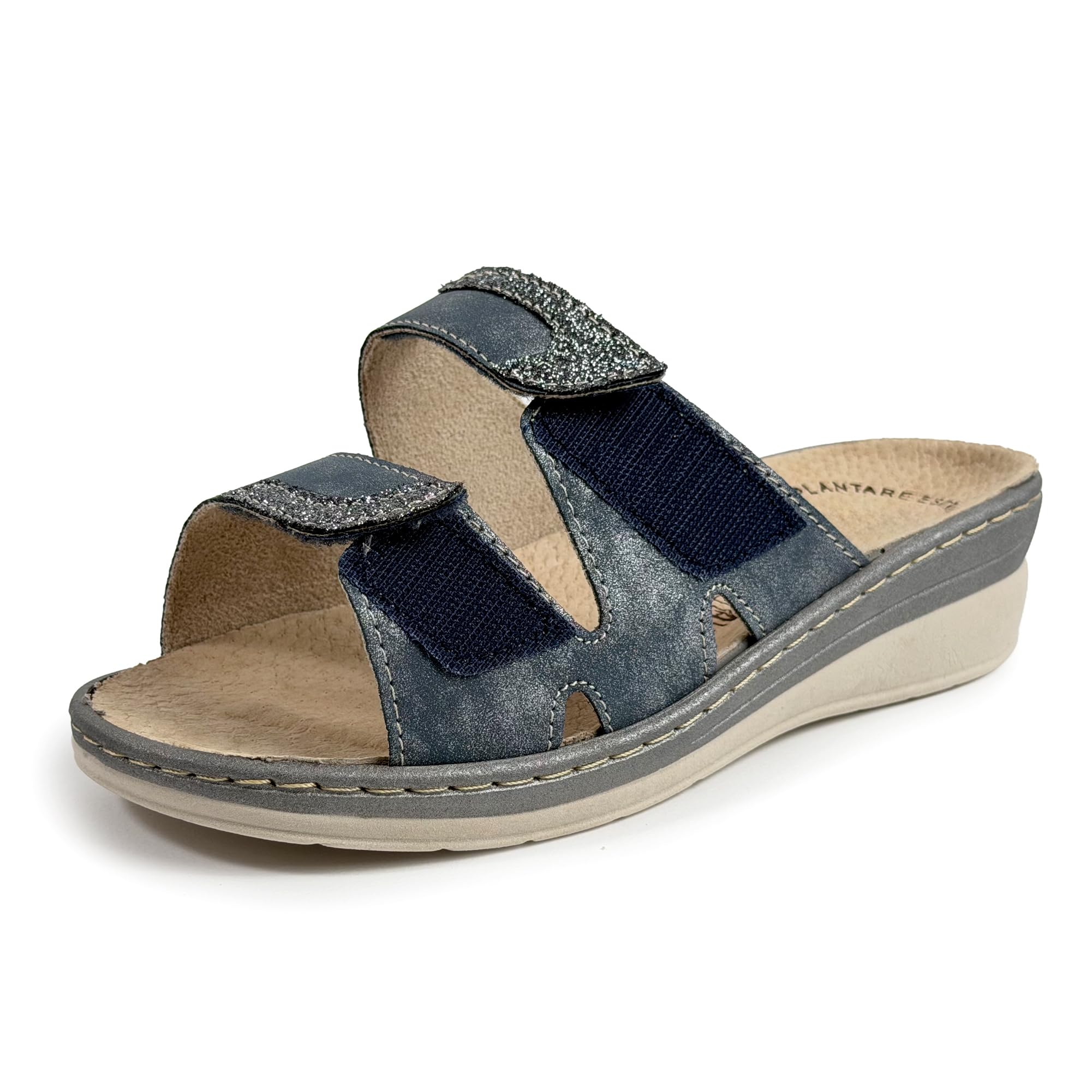 JOMIX Mules Femme Orthopédiques à Scratch Pantoufles d'Été Anatomiques Semelle Amovible en Cuir Véritable Sandales églables Compensées Confortables pour Pieds Sensibles et Senior Bleu 35