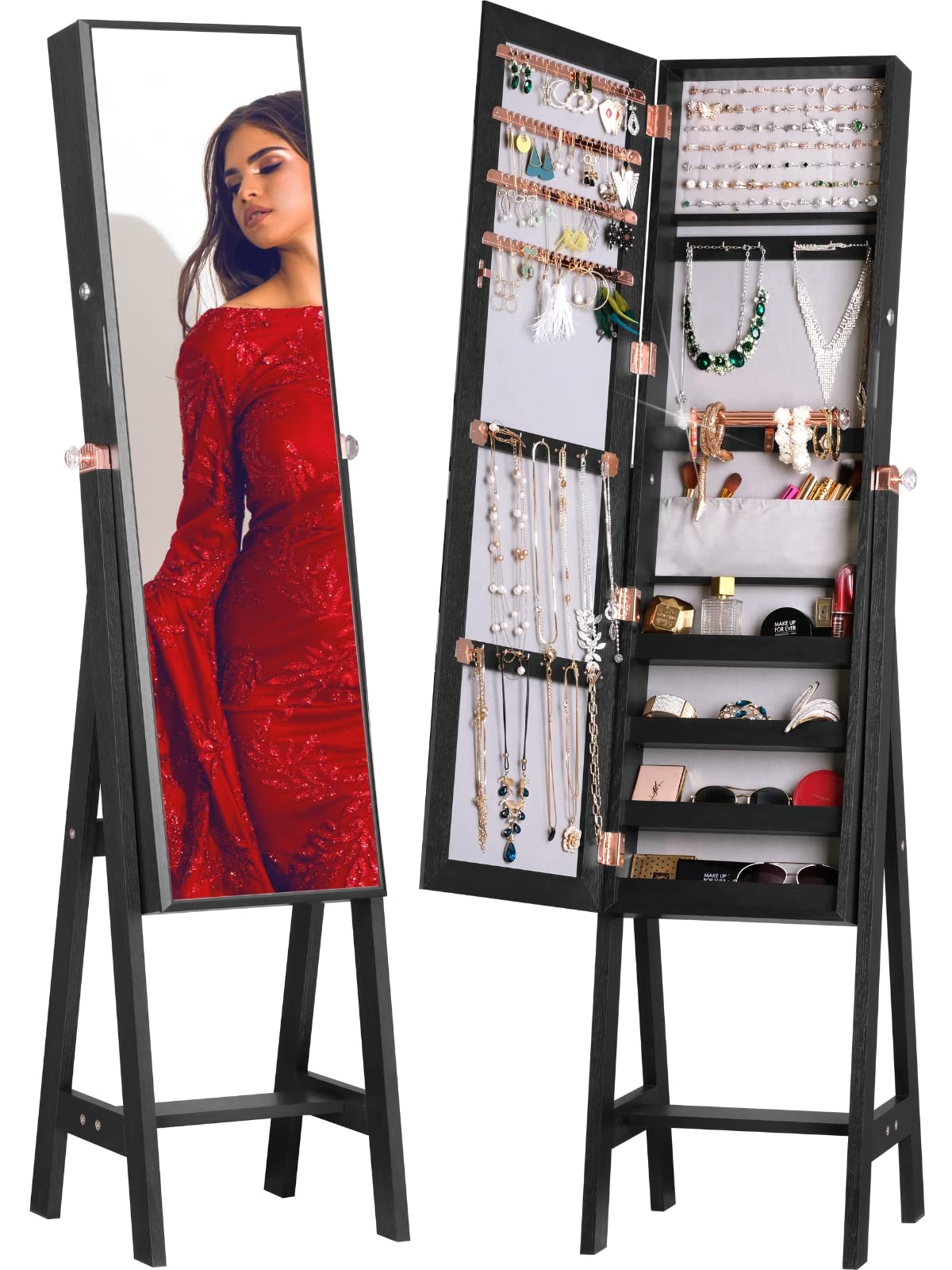 LUXFURNILUXFURNI Jewelry Organizer,Standing Mirror with Jewelry Storage, Large Lockable Jewelry Armoire Wall Mount/Door Hanging Cabinet for Bedroom (Black)