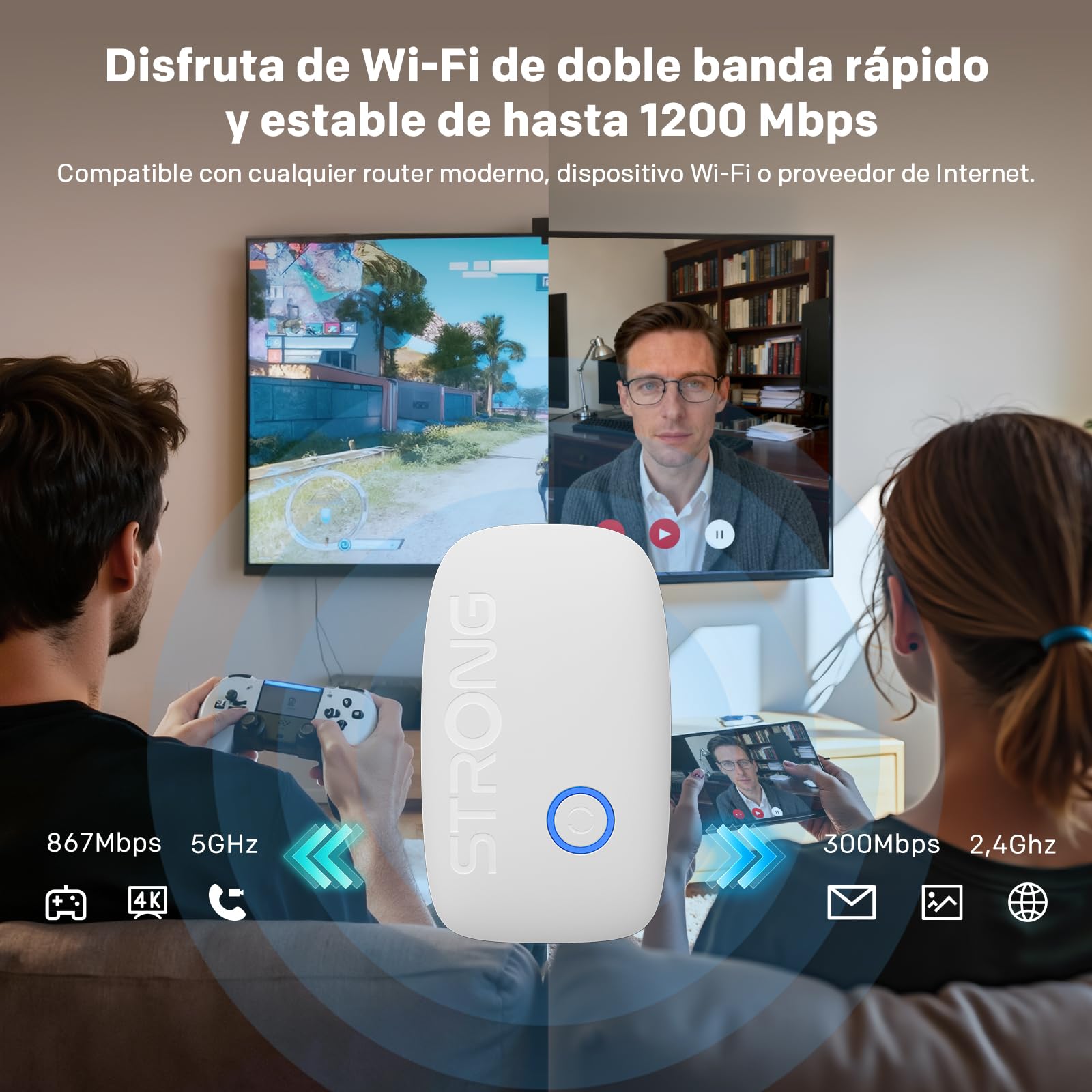 Strong Repetidor WiFi AC1200 de Pared – Amplificador señal WiFi Potente Dual Band, repetidor WiFi Largo Alcance, WiFi Extender para casa con WPS y Puerto LAN