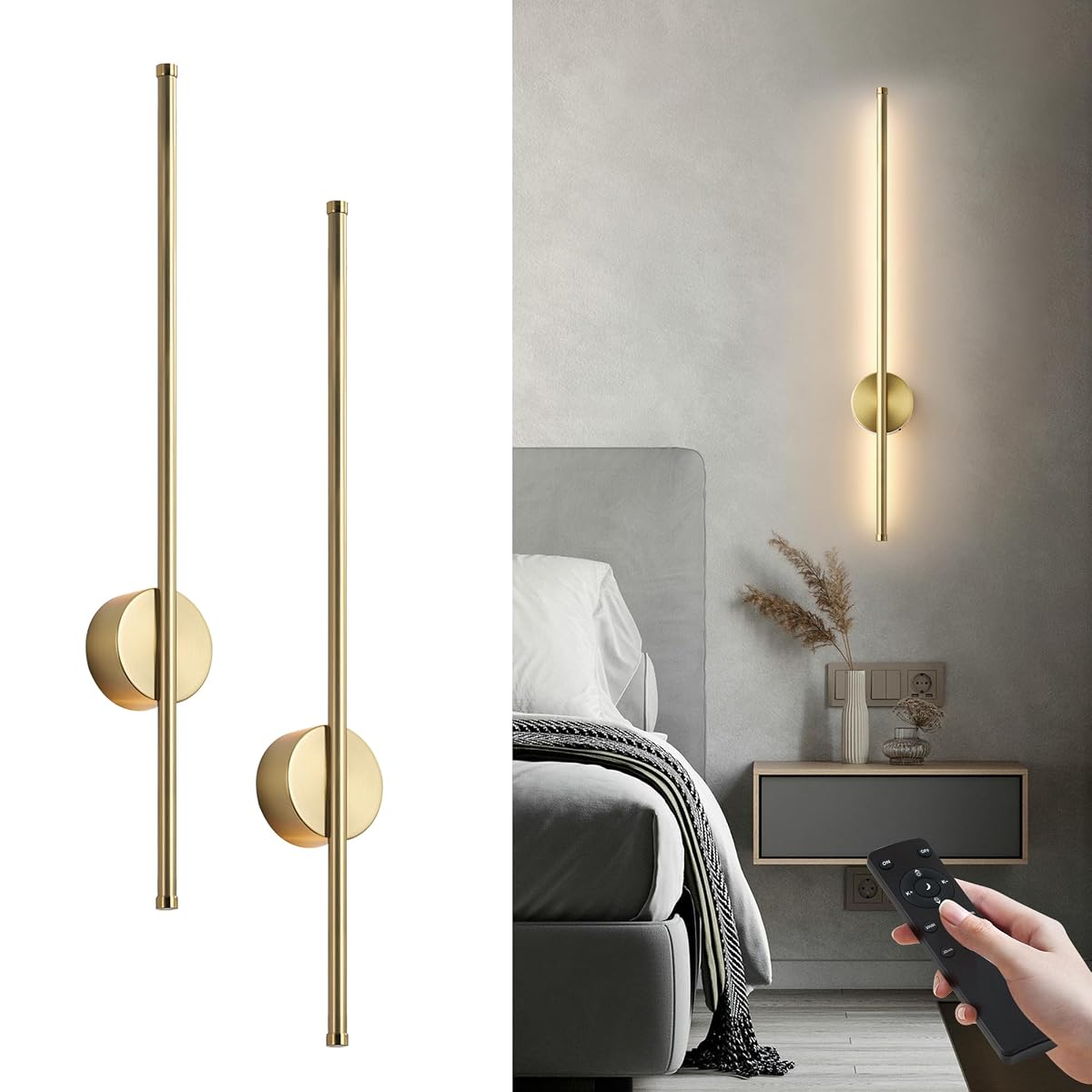 KARTOOSH Battery Operated Wall Sconces, Dimmable LED Light Set of Two, 27.6