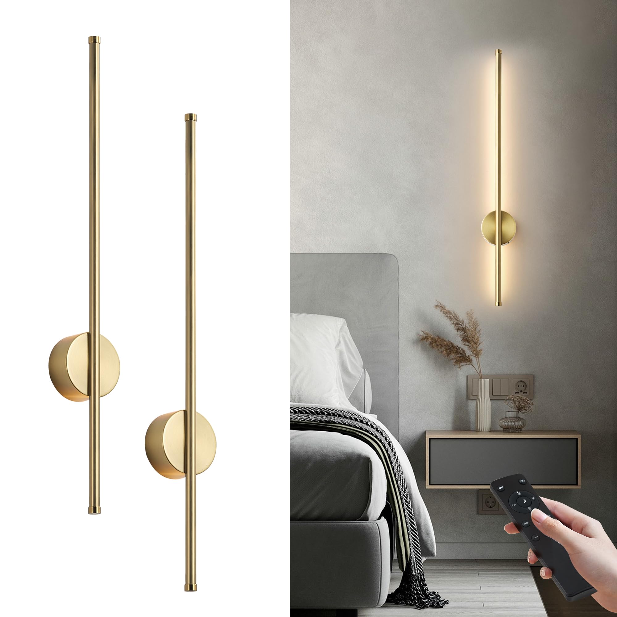 KARTOOSH Battery Operated Modern Wall Sconce Set of Two, 27.6 Inch Brass