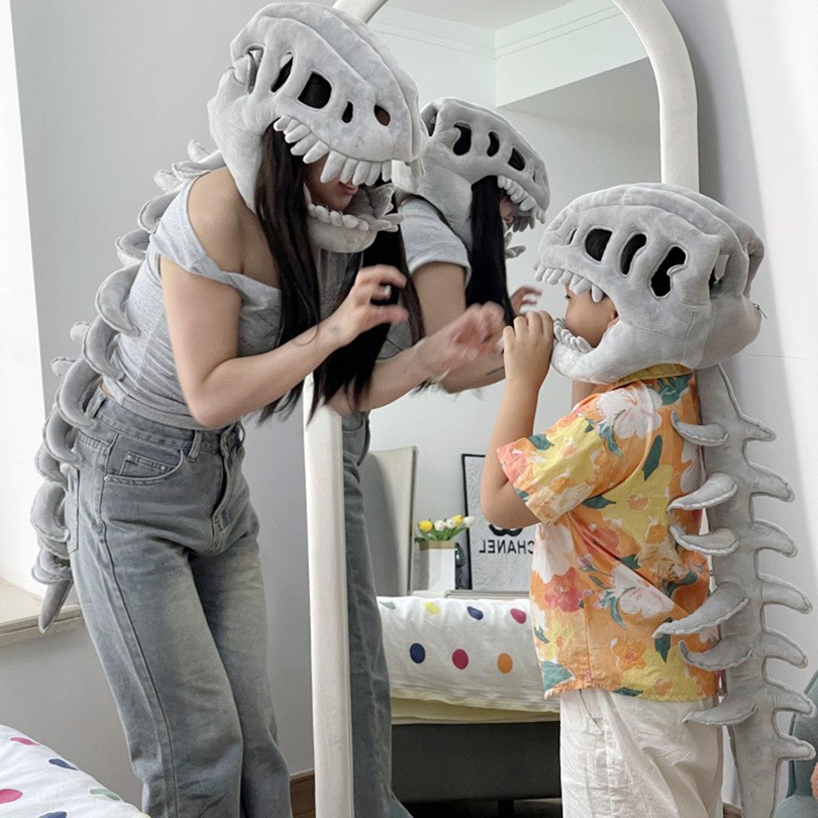 cozy dino Dinosaur Skeleton Costume, My Plush Skeleton Hood,Themed Skull Cosplay Props,For Cosplay & Dress-Up Play — view 5