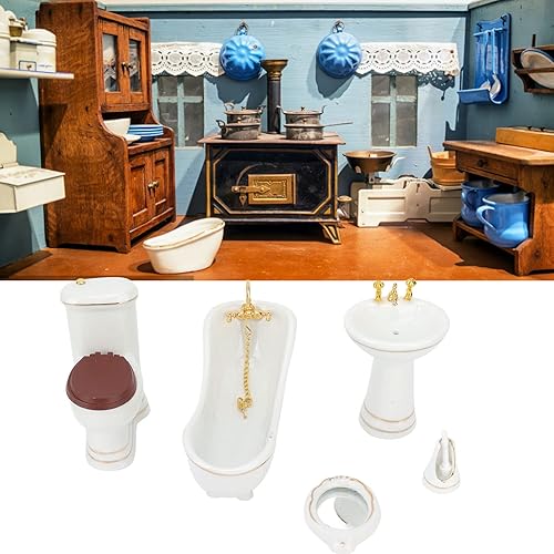 Miniatura 4 de 1:12 Juego de baño de casa de muñecas, juguetes de muebles en miniatura de cerámica retro blanca, juego de cepillo de espejo para lavabo de bañera
