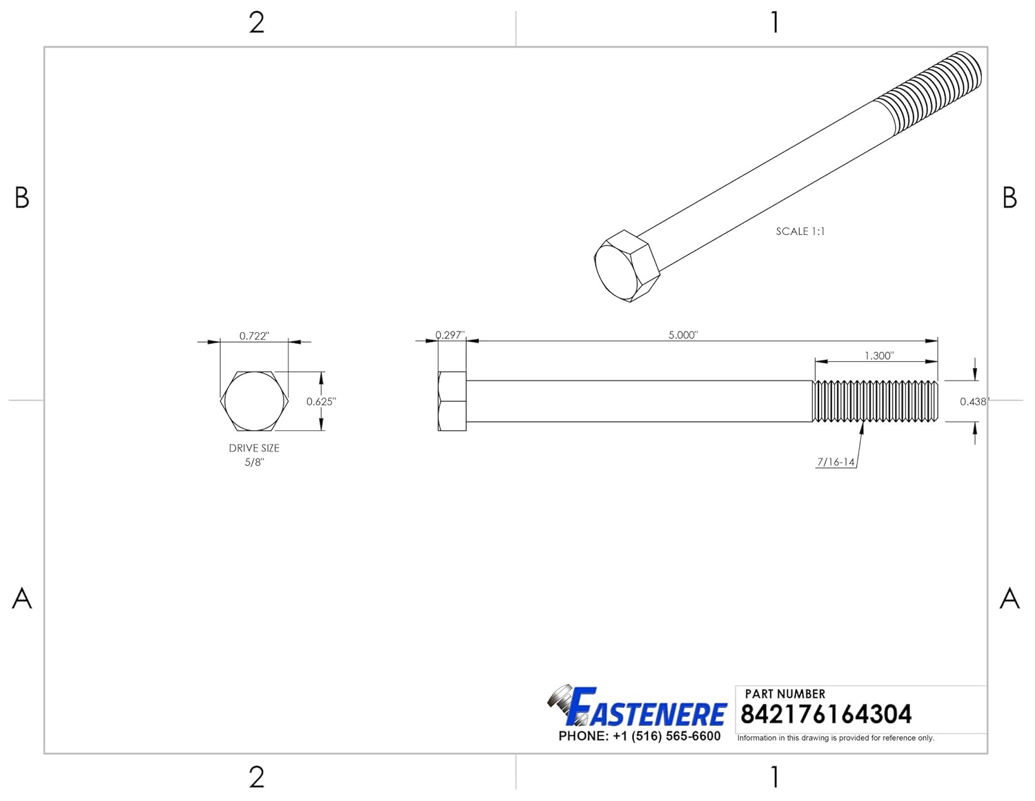 7/16-14 x 5" Hex Head Cap Screw Bolts, External Hex Drive, Stainless Steel 304, Partially Threaded, Stainless Steel, Quantity 5 by Fastenere