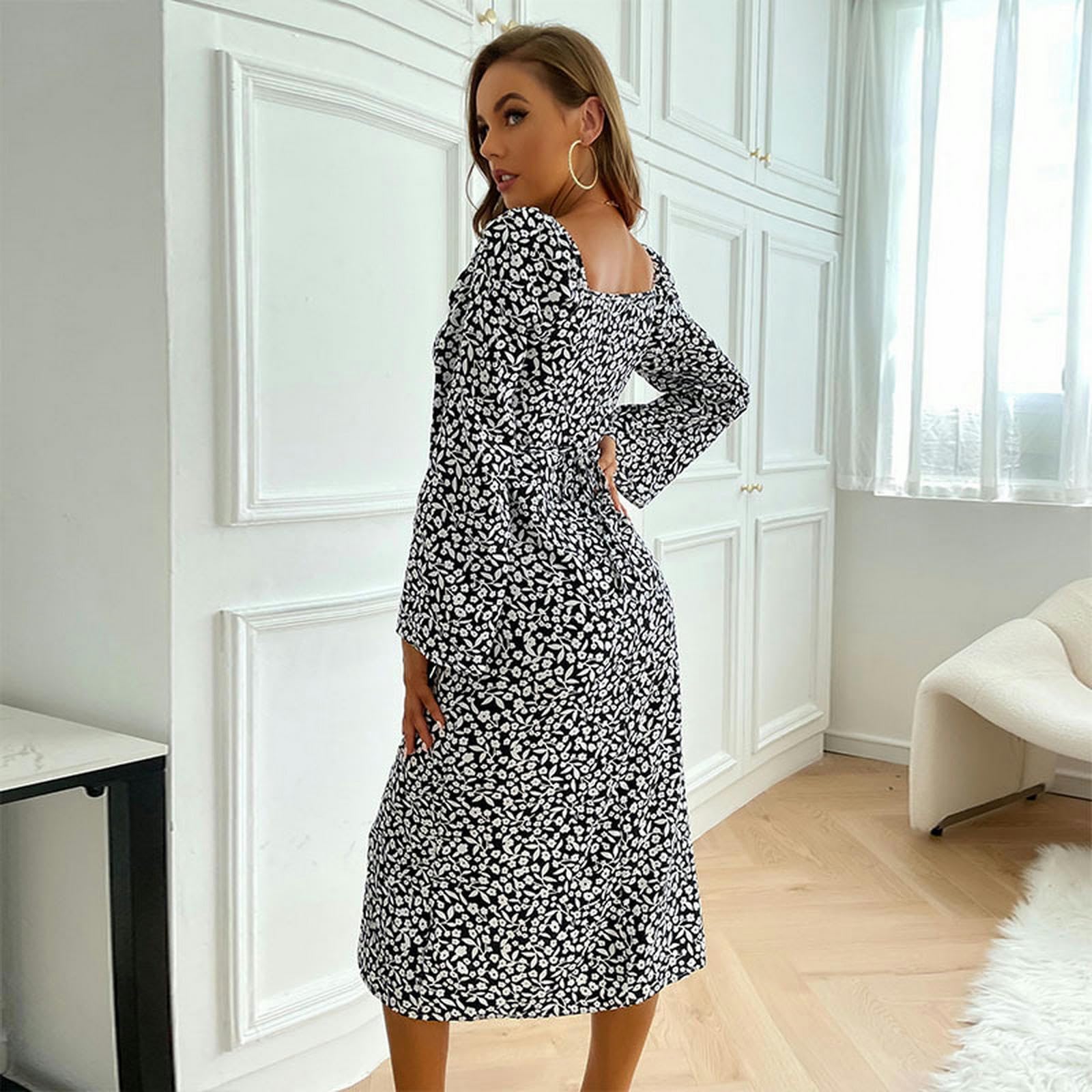 Vestido de cuello cuadrado para mujer, vestido de manga larga con volantes, estampado floral bohemio, vestidos fluidos YYEFNMAZ