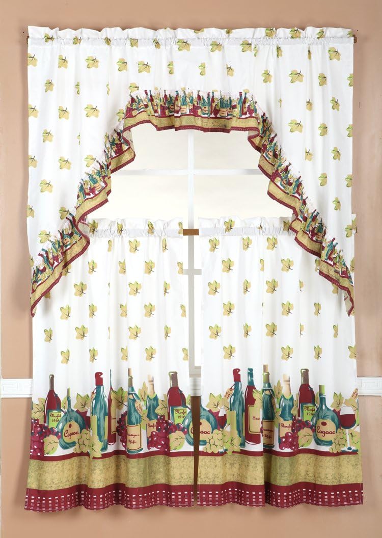 Diamond Home Linens 3PC Printed Kitchen Curtain Tiers and Swag Valance 36" Long Set (Multicolor/Fruit Basket)