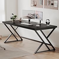 Vista 4 de LVB Modern Black Computer Desk, Long Industrial Home Office Desk for Student, Large Metal Wood Writing Study Computer Table, Farmhouse Executive