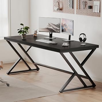 LVB Computer Desk Gaming Office Table Long Desks for Home 152cm Black Oak | Industrial Home Computer Desk for Bedroom, Farmhouse Metal Wooden Study Work PC Gaming Table, Modern Executive Writing Desk