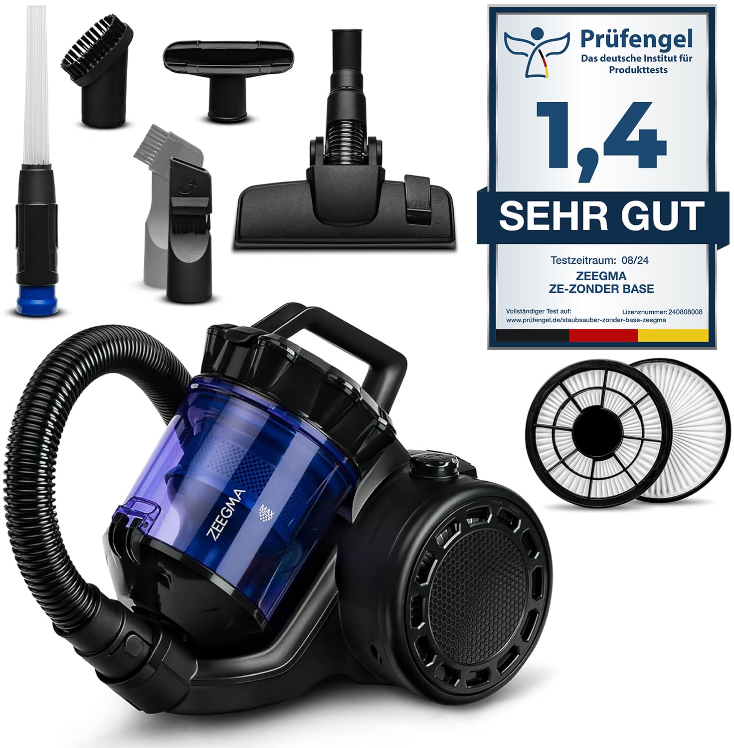 ZEEGMA Zonder Base Aspirapolvere ciclonico Senza sacco, Alta potenza di aspirante 899W, Anti allergeni, 2 Filtri HEPA rimovibile e lavabile, Ricco set di Accesori, Container 2.5L, Classe Energetica A