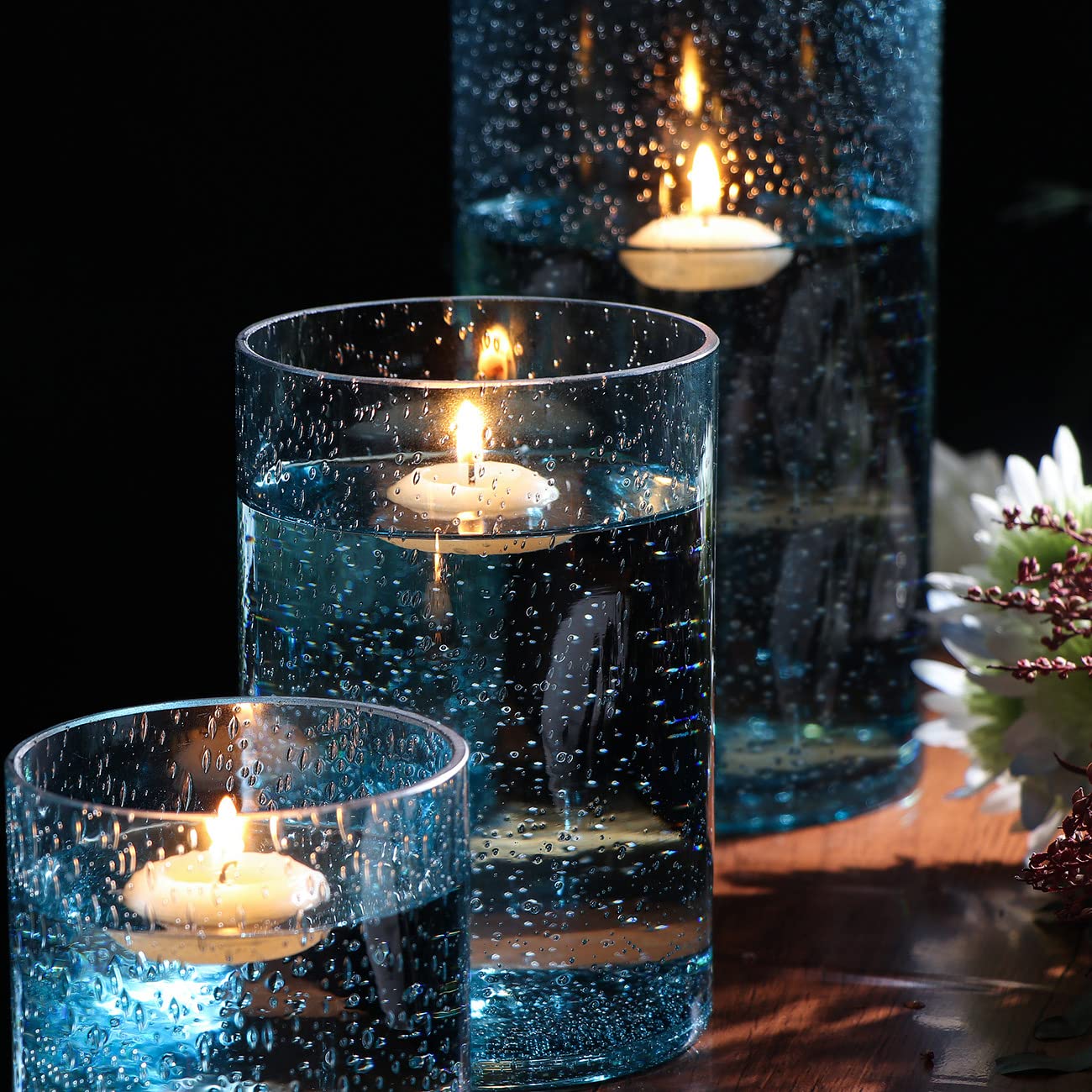 HAVITI Glass Hurricane Candle Holders Set of 3, Pillar/Floating Hand Blown Candle Holder for Table Centerpieces, Blue Cylinder Vases for Beach Wedding, Home & Party Decor