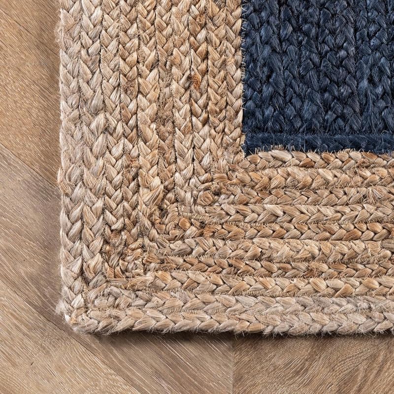 Tapis bohème chic en jute naturelle tressé à la main – Décoration rustique pour salon, salle à manger et chambre à coucher – Bleu marine – 2,1 x 3 m